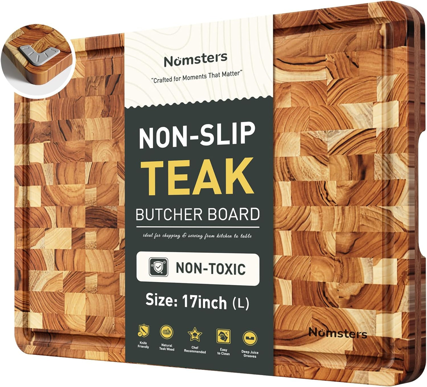 Tabla cortar teca patas antiderrap ranura jugo mango
