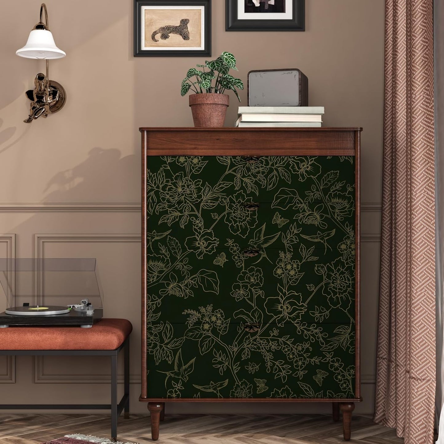 Papel tapiz floral verde autoadhesivo 17.5x393pulg
