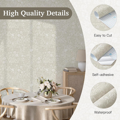 Papel tapiz autoadhesivo beige y blanco crema floral impermeable