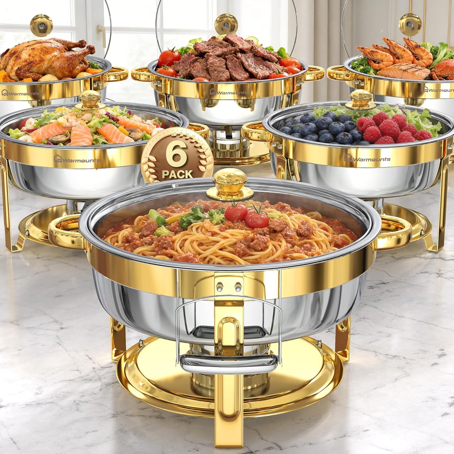 Set 6 Platos Acero Inox 6.5qt Con Tapa Vidrio Apilables Bufé