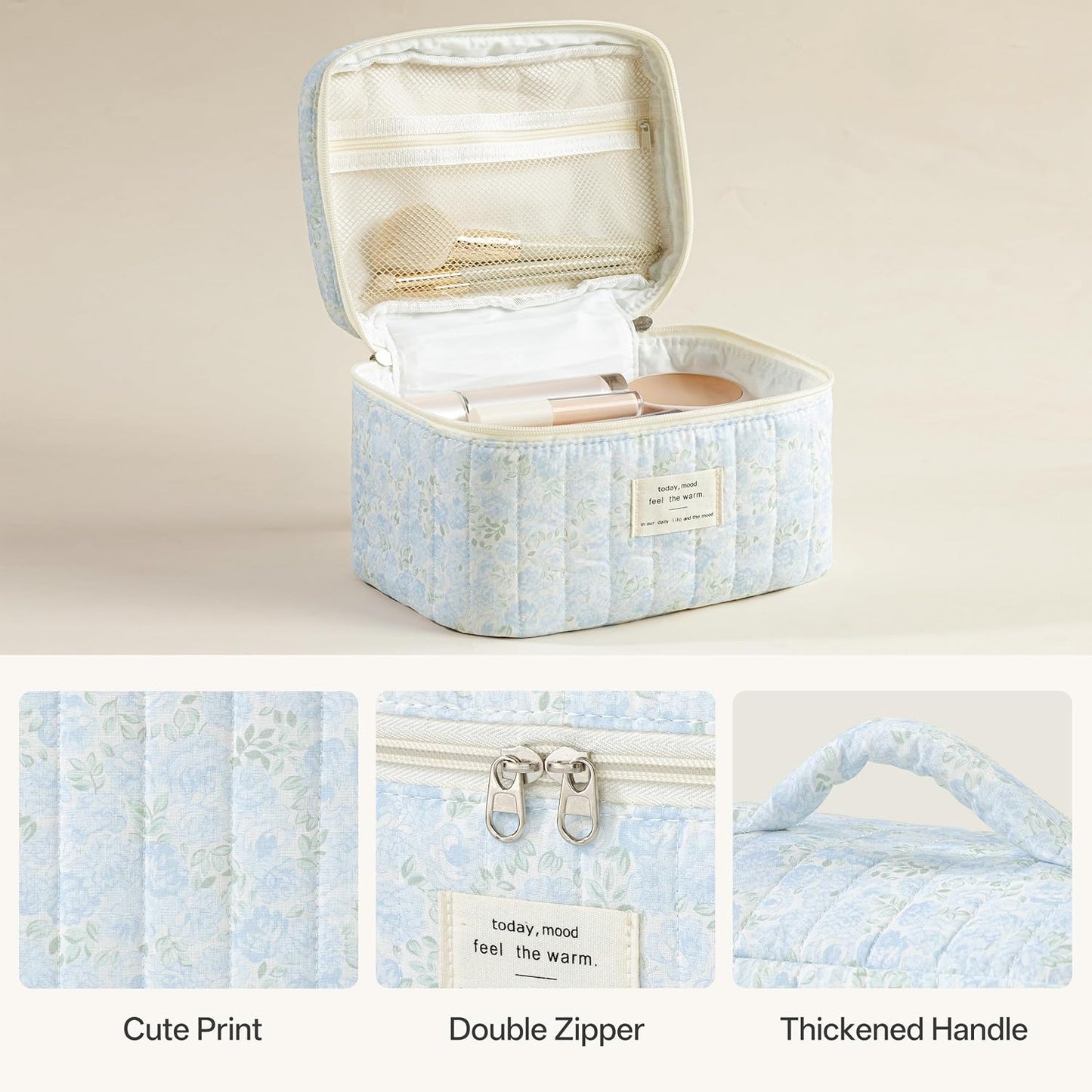 Bolsa maquillaje acolchada 3 pzas algodón grande floral