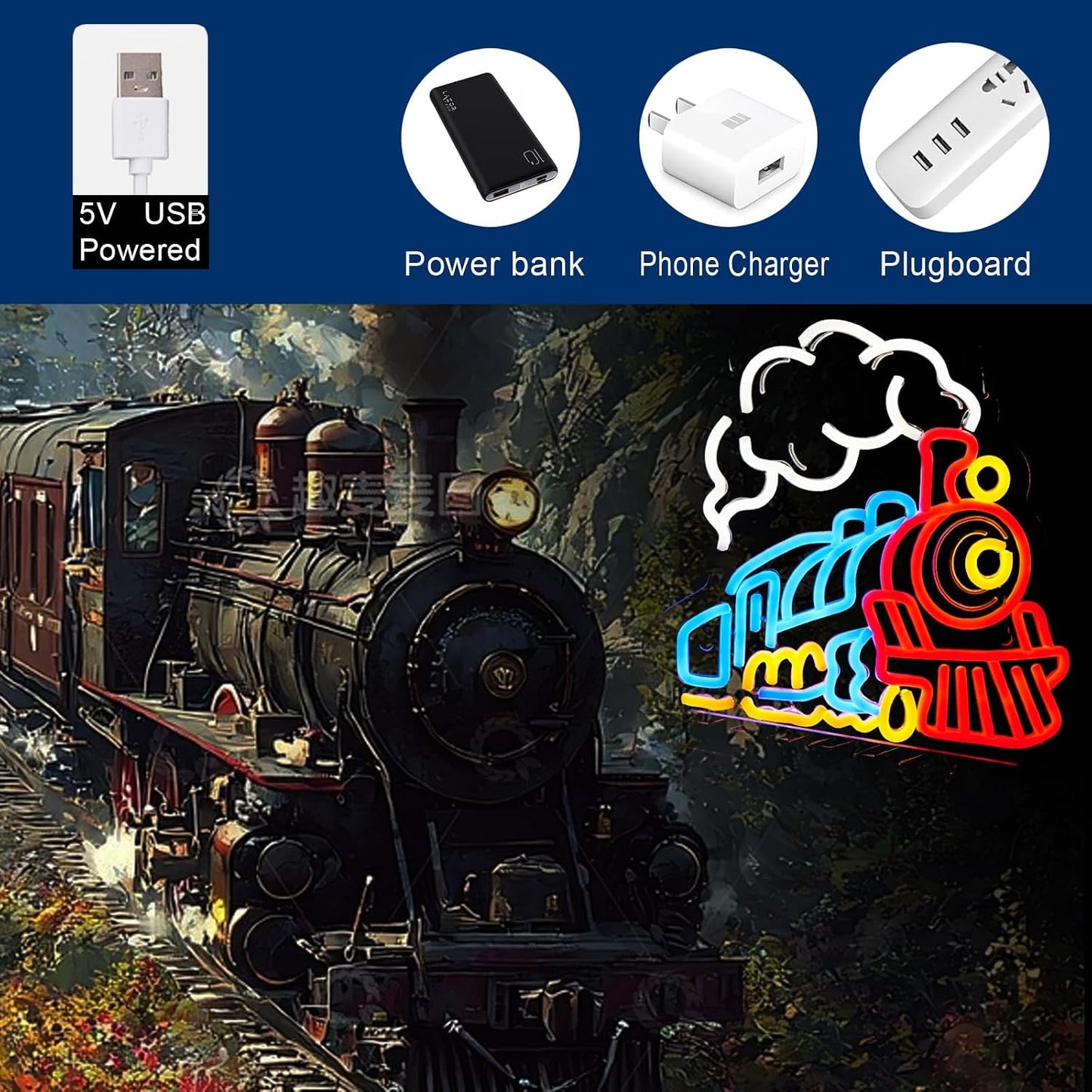 Lámpara neón tren pared con temporizador USB para niños