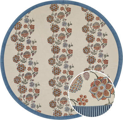 Mantel redondo de algodón vintage floral crema y azul 60 pulgadas