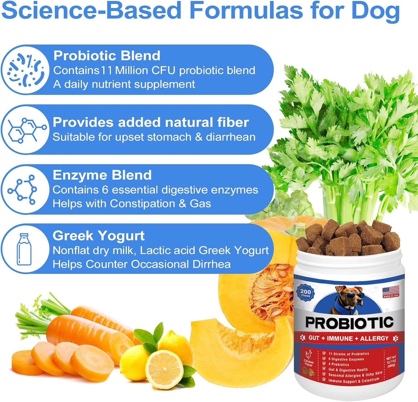 Probióticos para perros con 11 mil millones UFC y prebióticos
