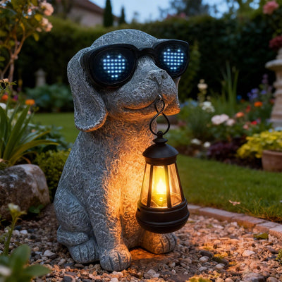 Estatua solar perro jardín con linterna LED impermeable
