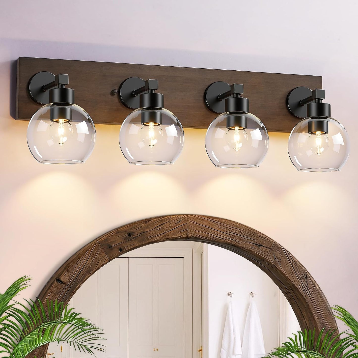 Lámpara tocador baño madera negra 4 luces vidrio