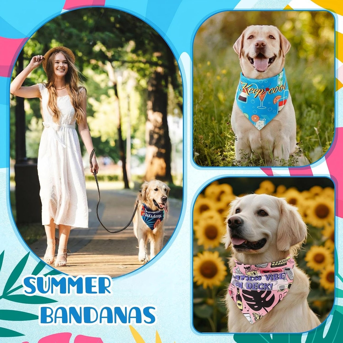 Bandanas triangulares perros verano ajustables patrón hojas coco
