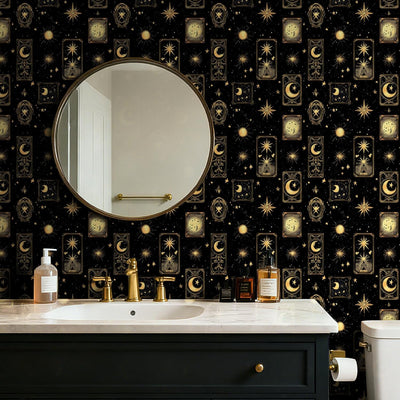 Papel tapiz estrellado negro y dorado 17.5x120" dormitorio