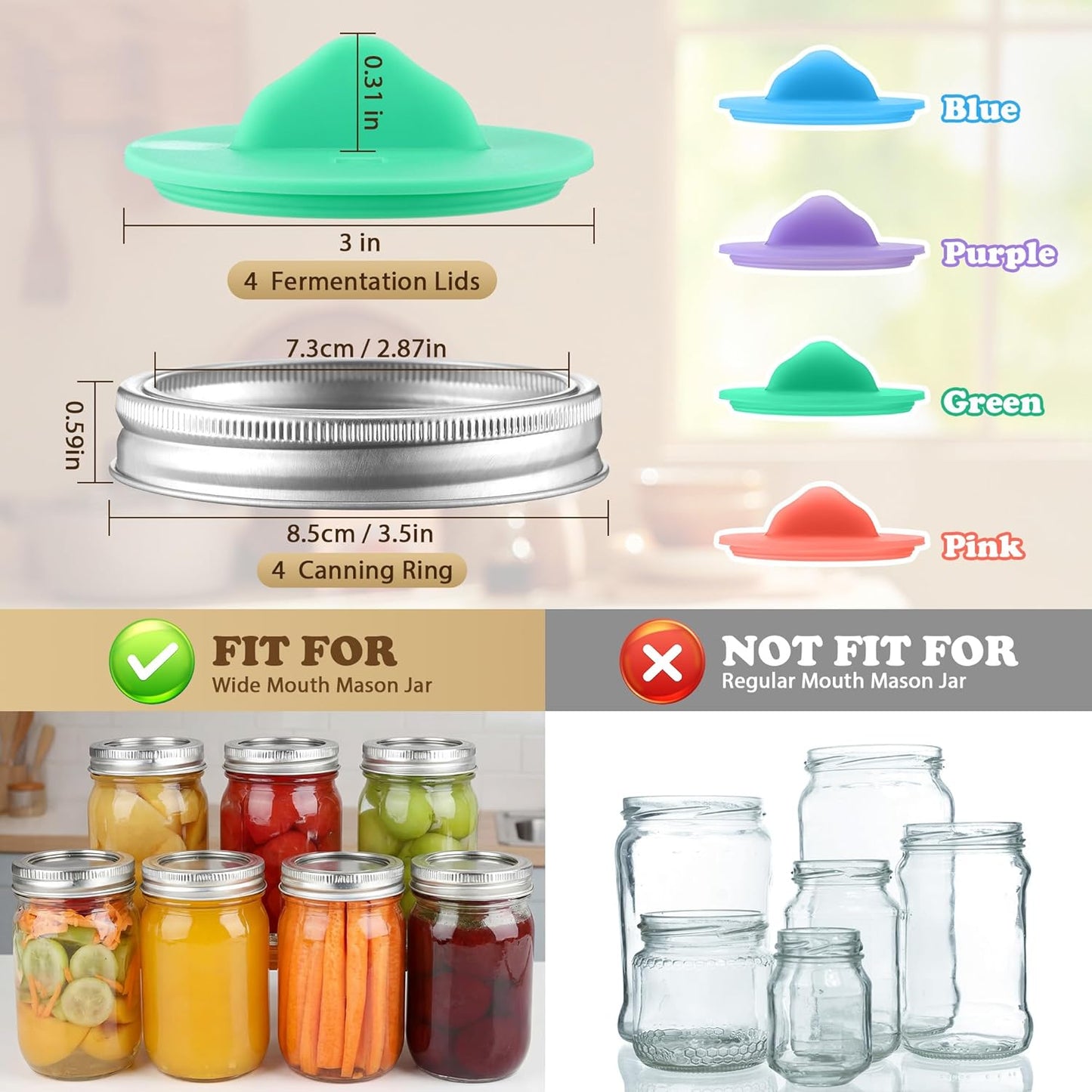 Kit fermentación 8 piezas con tapas y anillos para tarros Mason de 3 pulgadas sin BPA