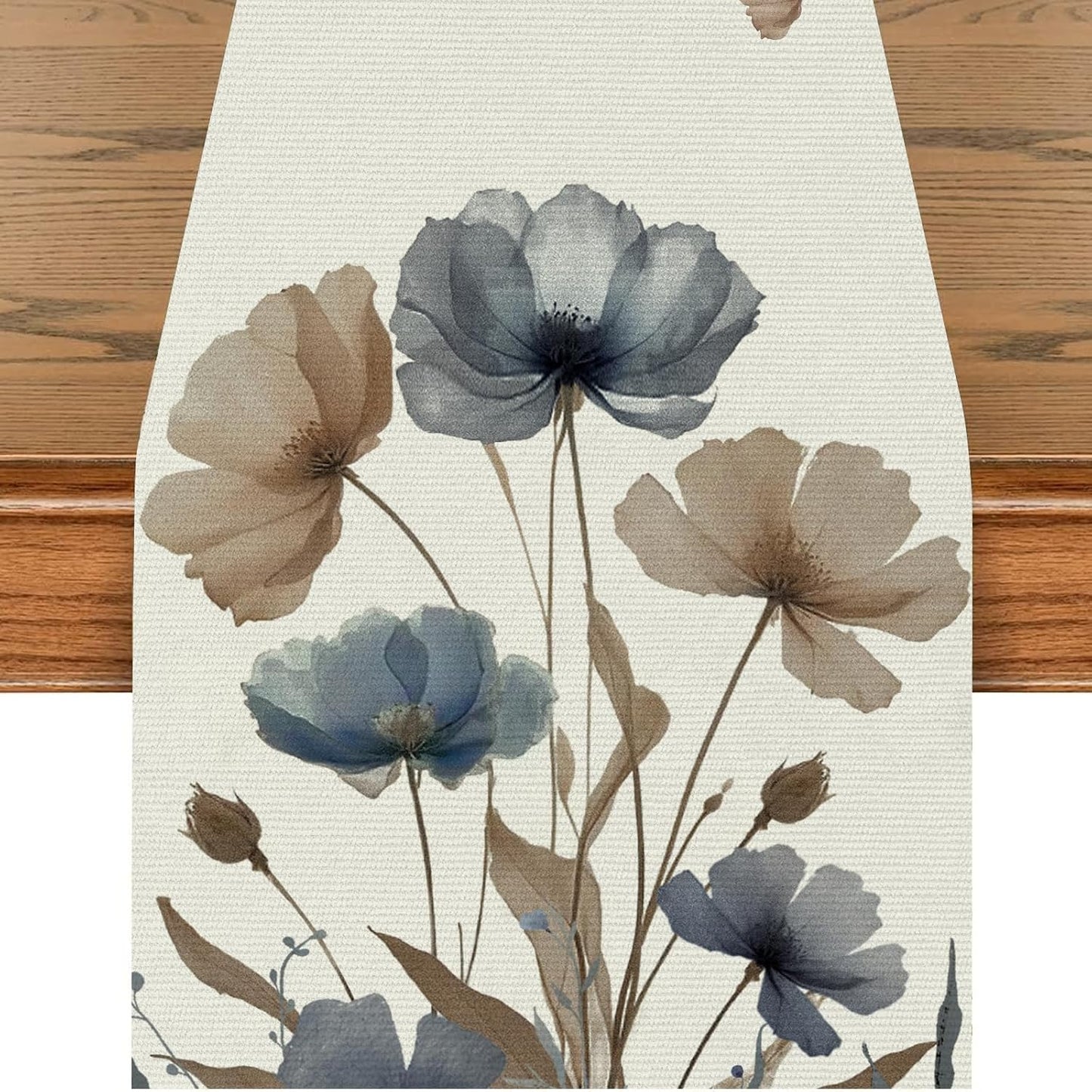 Camino mesa 73pulg hojas florales marrones lino lavable