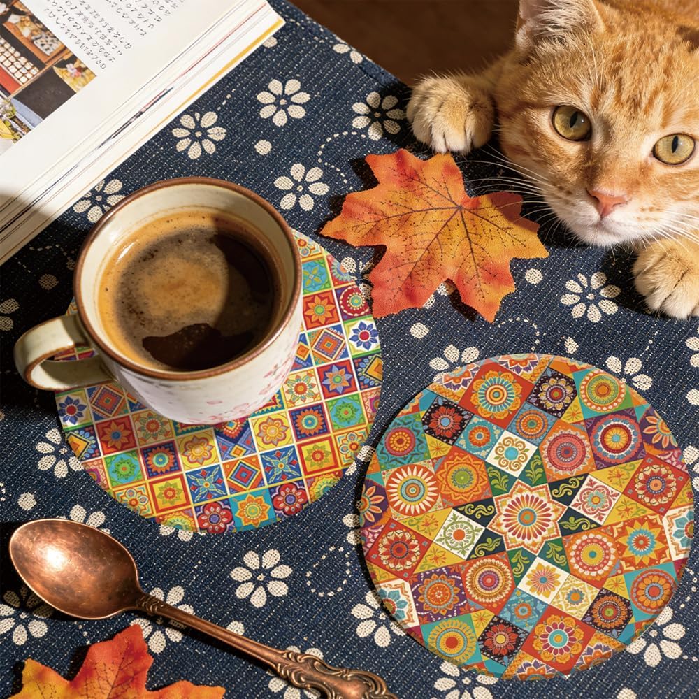 Juego de 9 posavasos de madera coloridos con patrón mandala