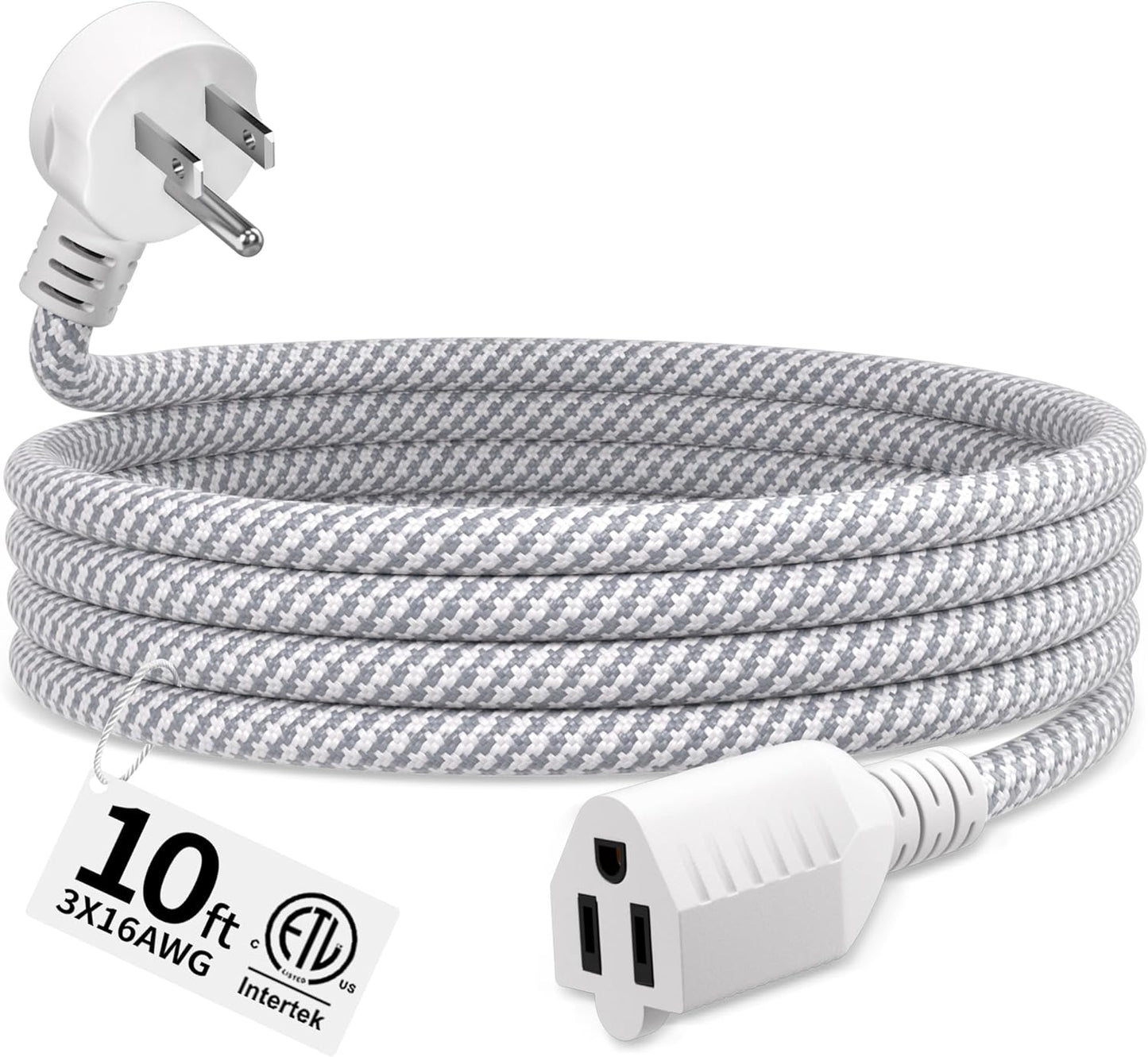 Cable extensión trenzado 10 pies 16/3 enchufe plano blanco