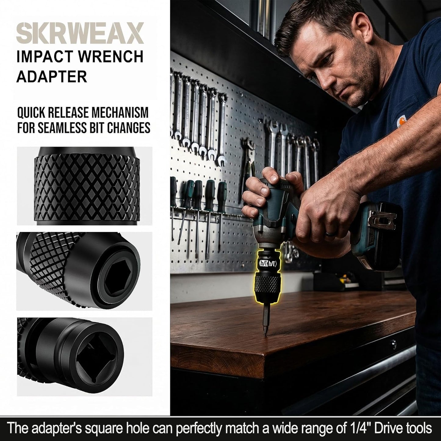 Adaptador llave impacto 1/4 pulg cuadrado a hexagonal