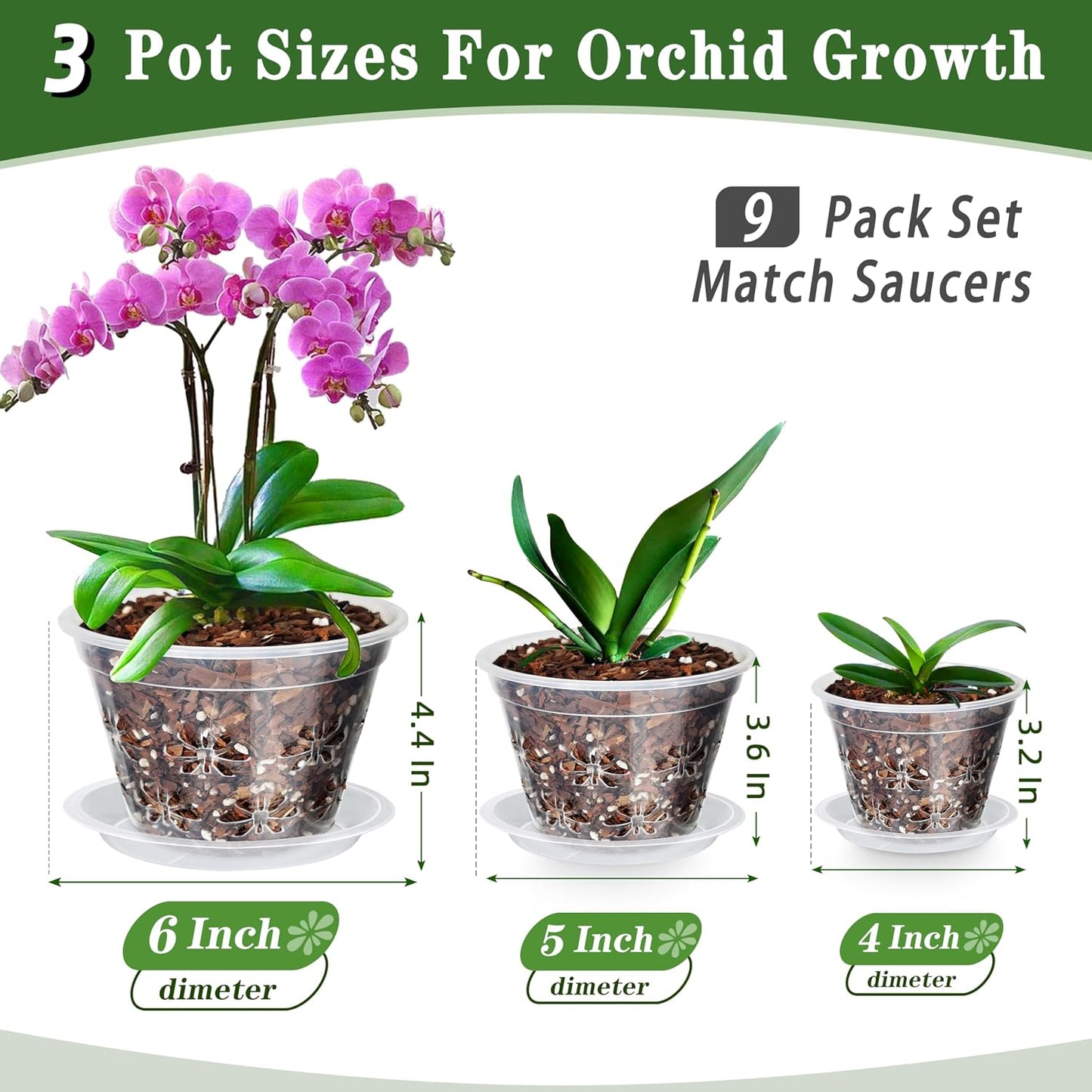 Set 9 Macetas Orquídeas 4-6pulg Plástico Translúcido Con Platillos