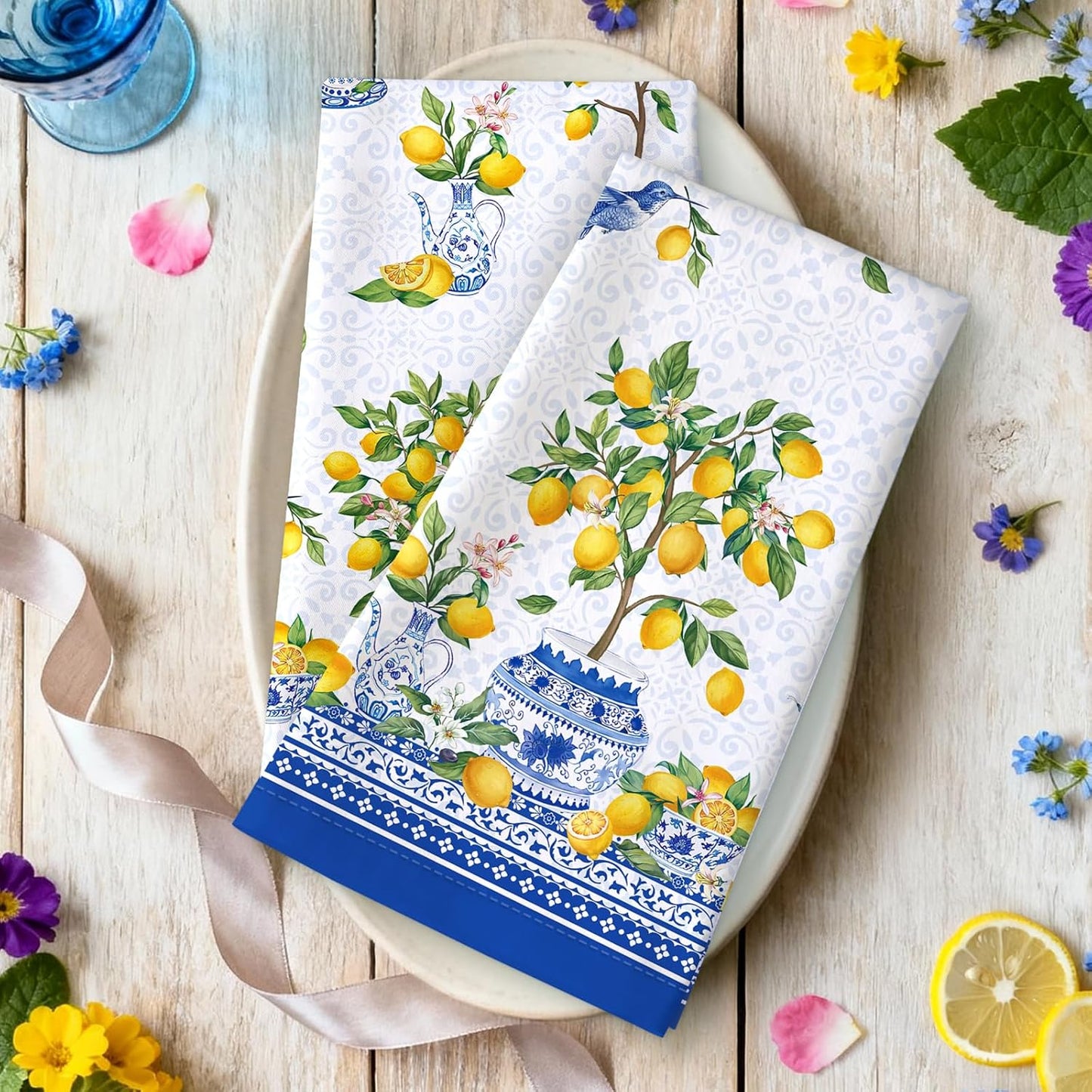Juego de 2 paños de té de limón algodón rápido secado toallas cocina chinoiserie verano