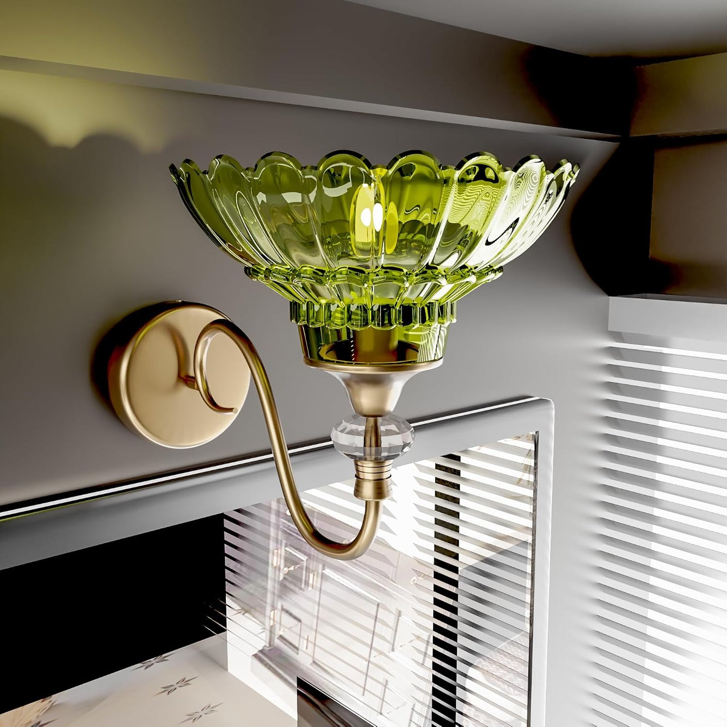 Lámpara baño con cristal verde sobre espejo