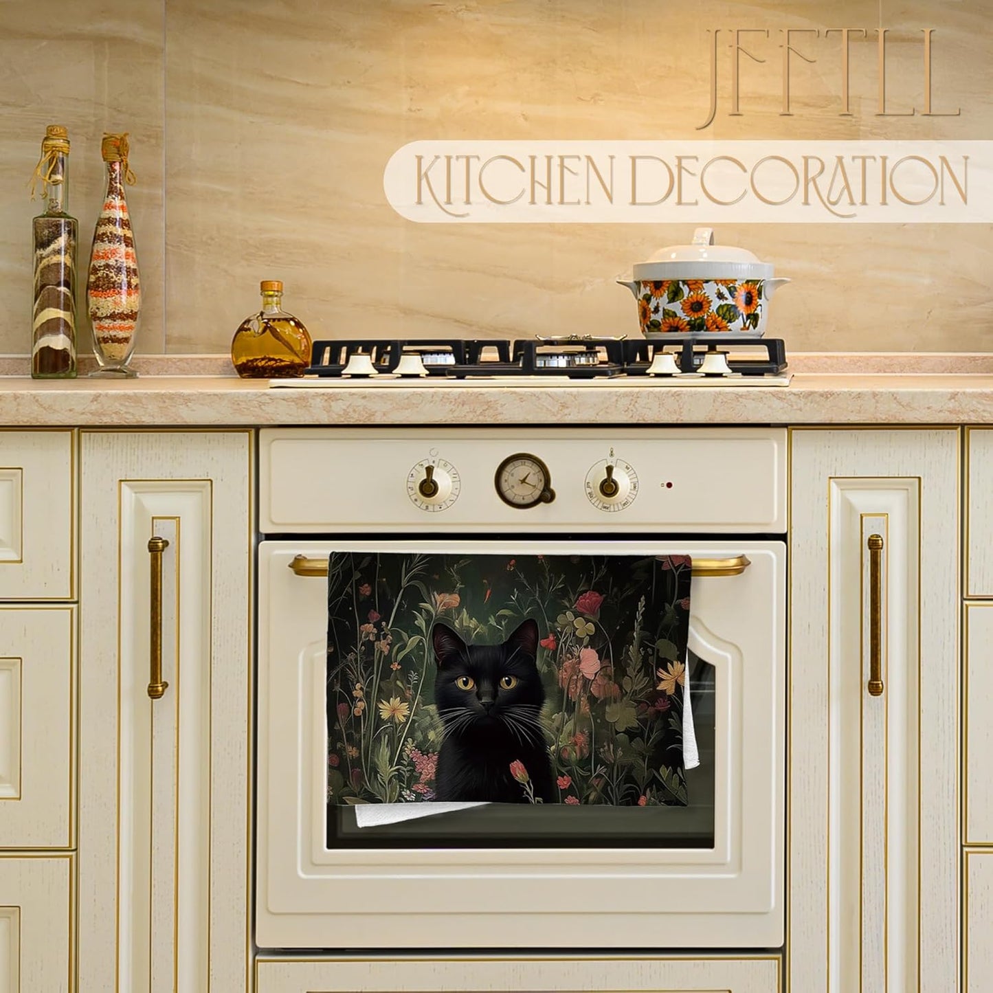 Toallas de cocina vintage con diseño floral de gato negro