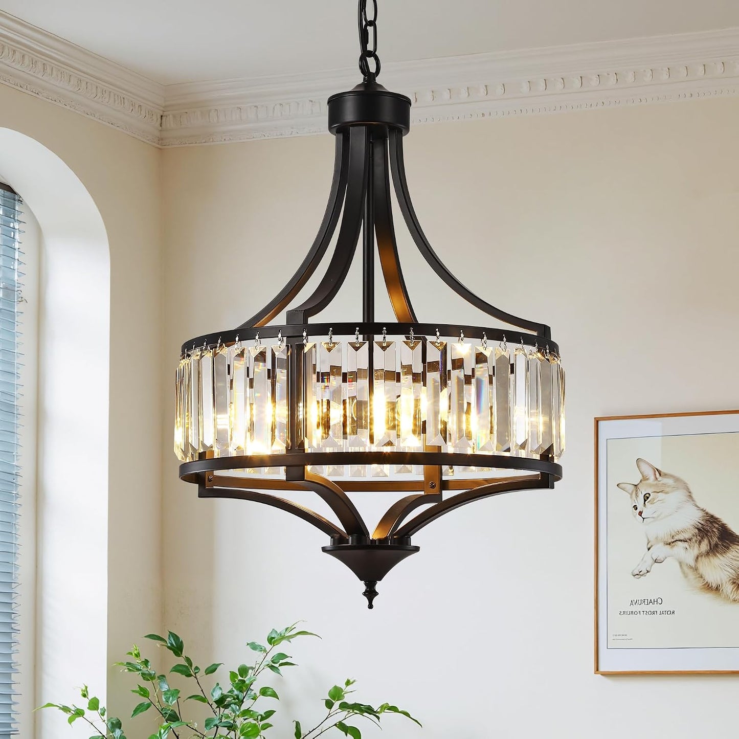 Candelabro cristal negro 16pulg 4 luces colgantes