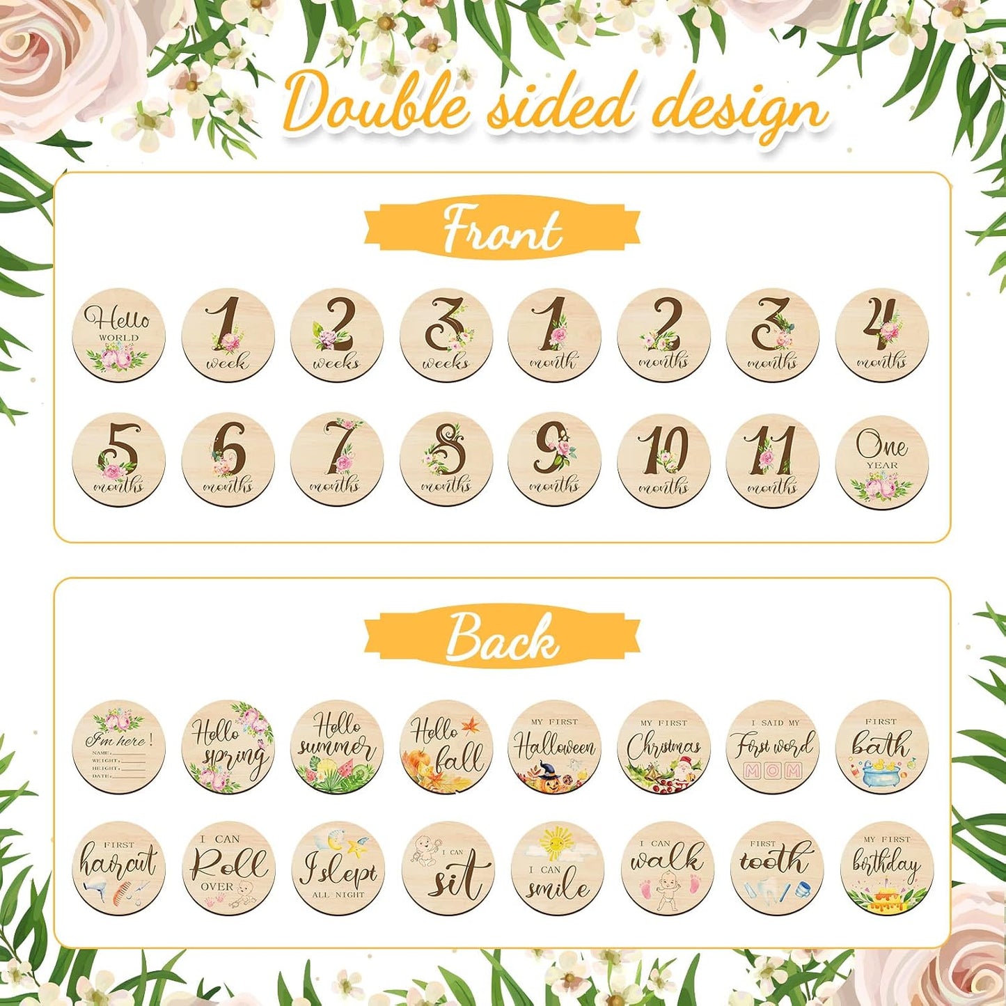 16 Tarjetas Madera Meses Bebé Doble Cara Flor