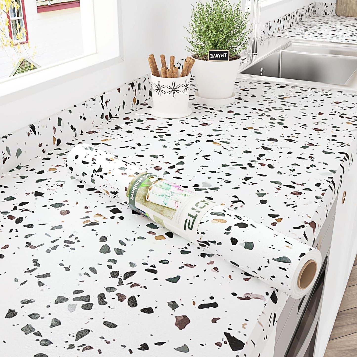 Papel adhesivo terrazo blanco mate impermeable para encimeras