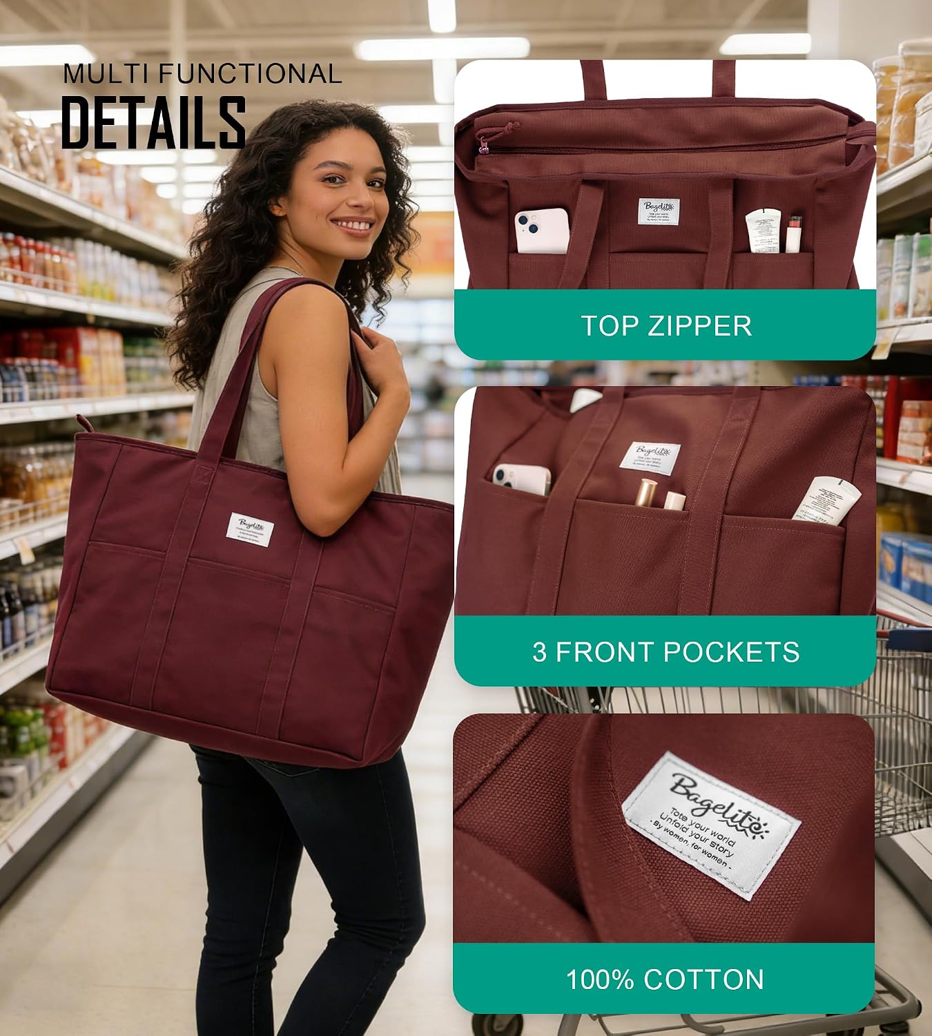Bolso lona extragrande con cremallera para mujer y hombre