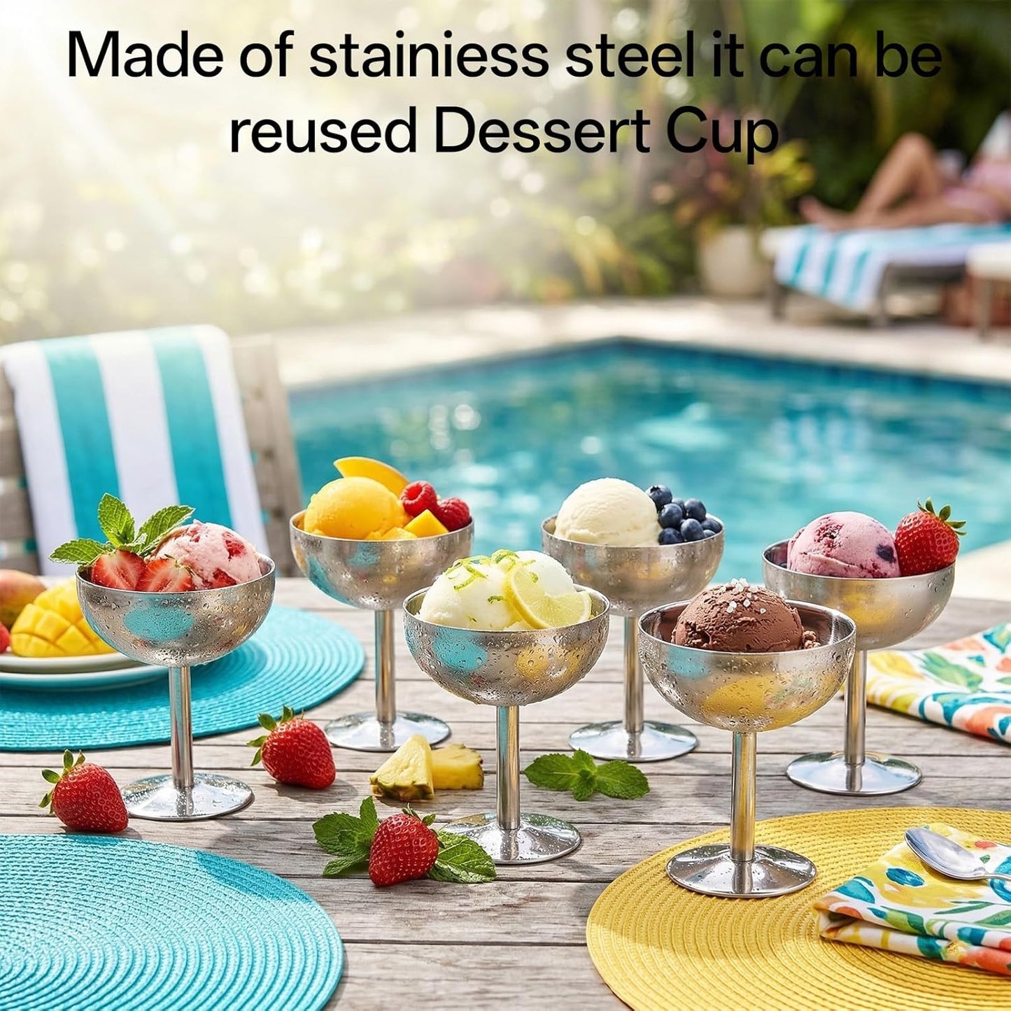 4 tazas de helado acero inoxidable reutilizables plateadas con patas