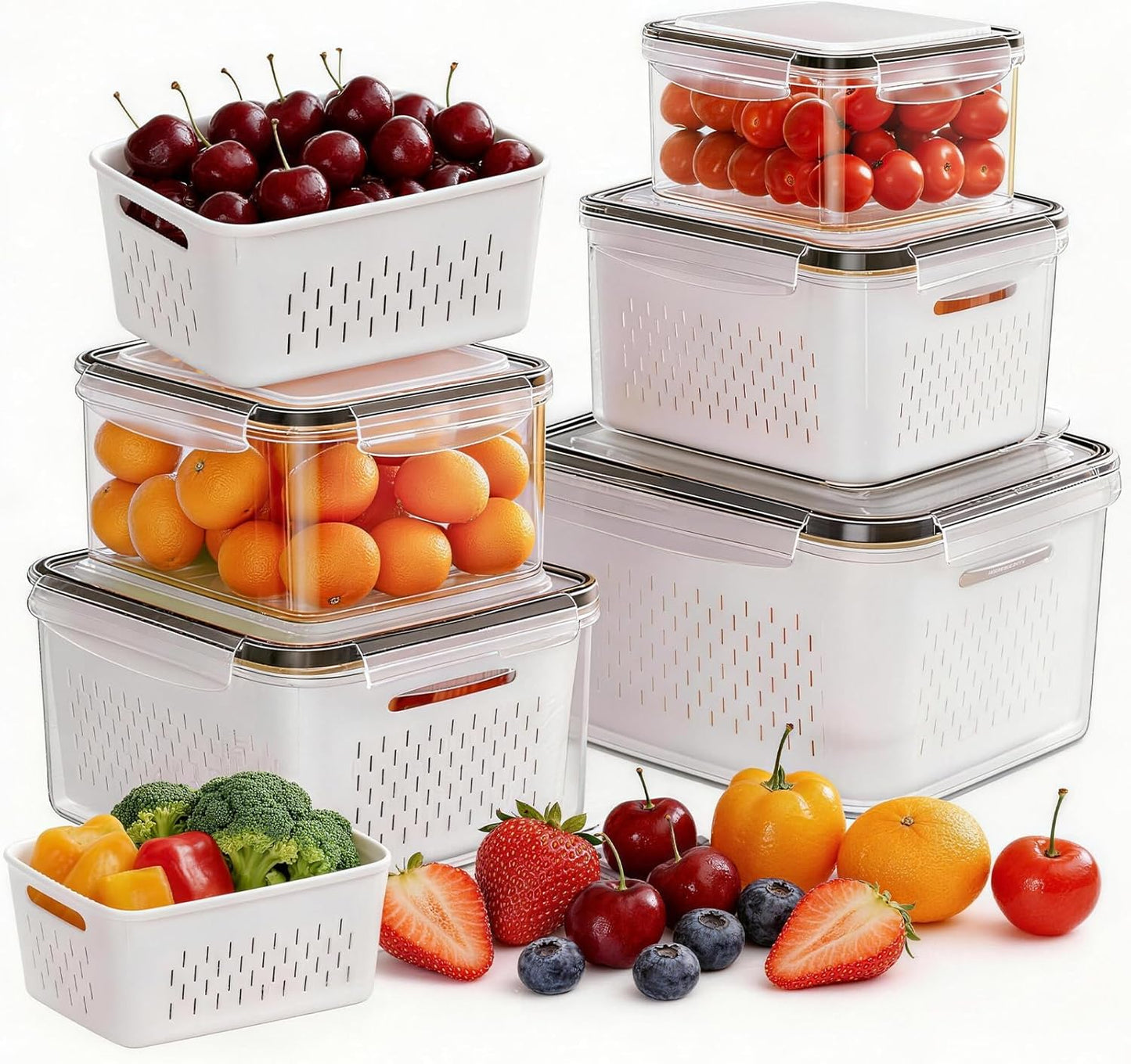 Paquete de 5 recipientes de frutas para refrigerador con coladores