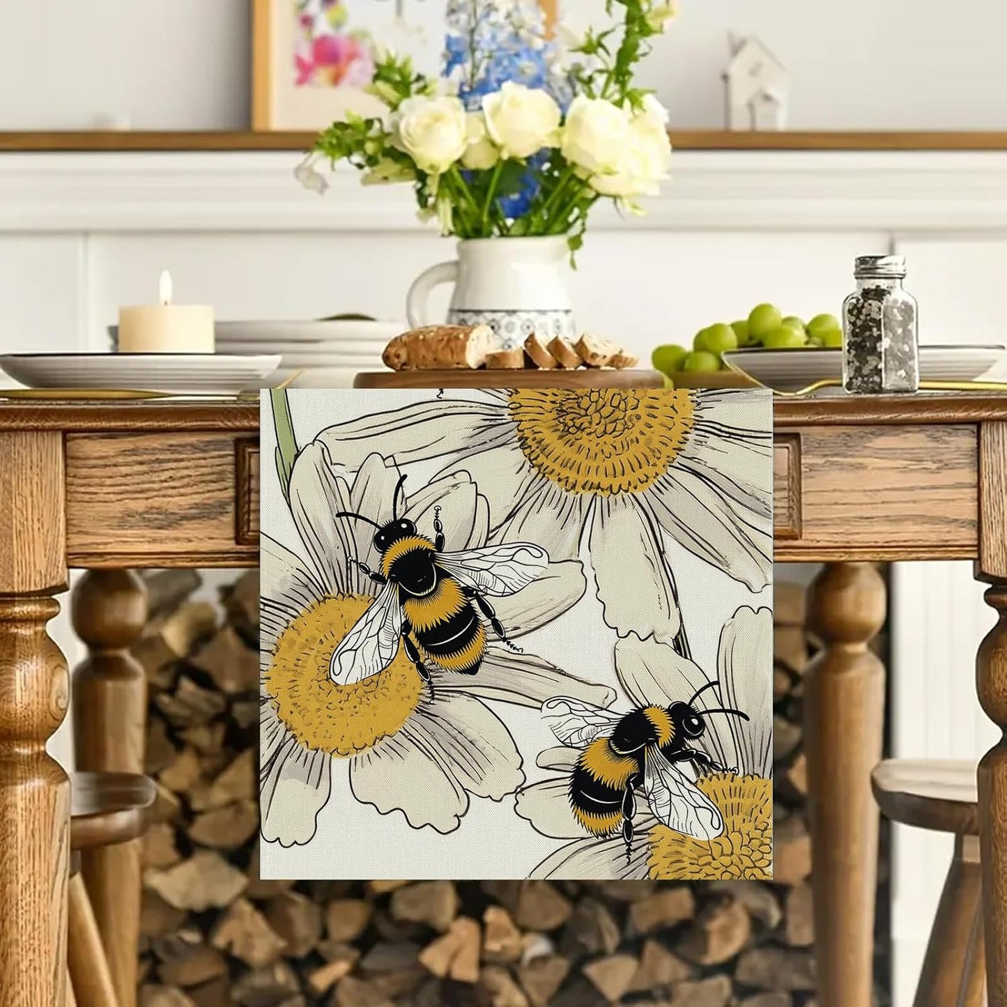 Camino de mesa primaveral con abejas y margaritas decoración para fiestas