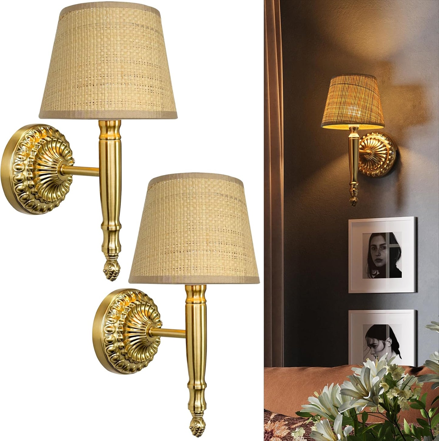 2 Apliques Pared Dorados LED Regulables Estilo Bohemio