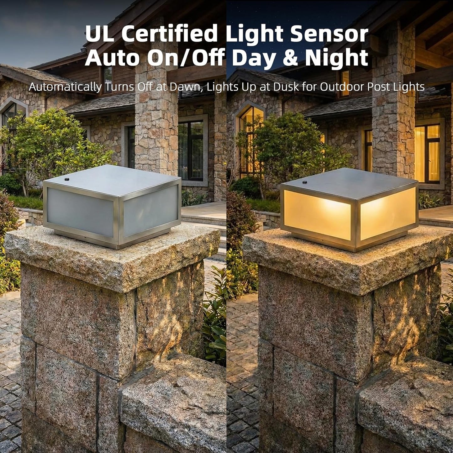 Luz pilar acero inox 304 10x10pulg sensor UL para villas lujo