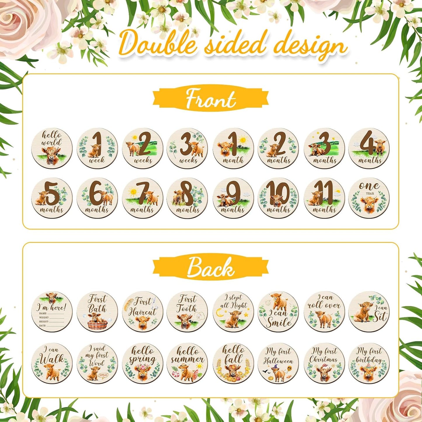 16 Tarjetas Madera Meses Bebé Doble Cara Baby Shower
