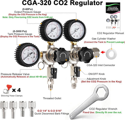 Regulador CO2 dual con llave y kit linea gas 15pies