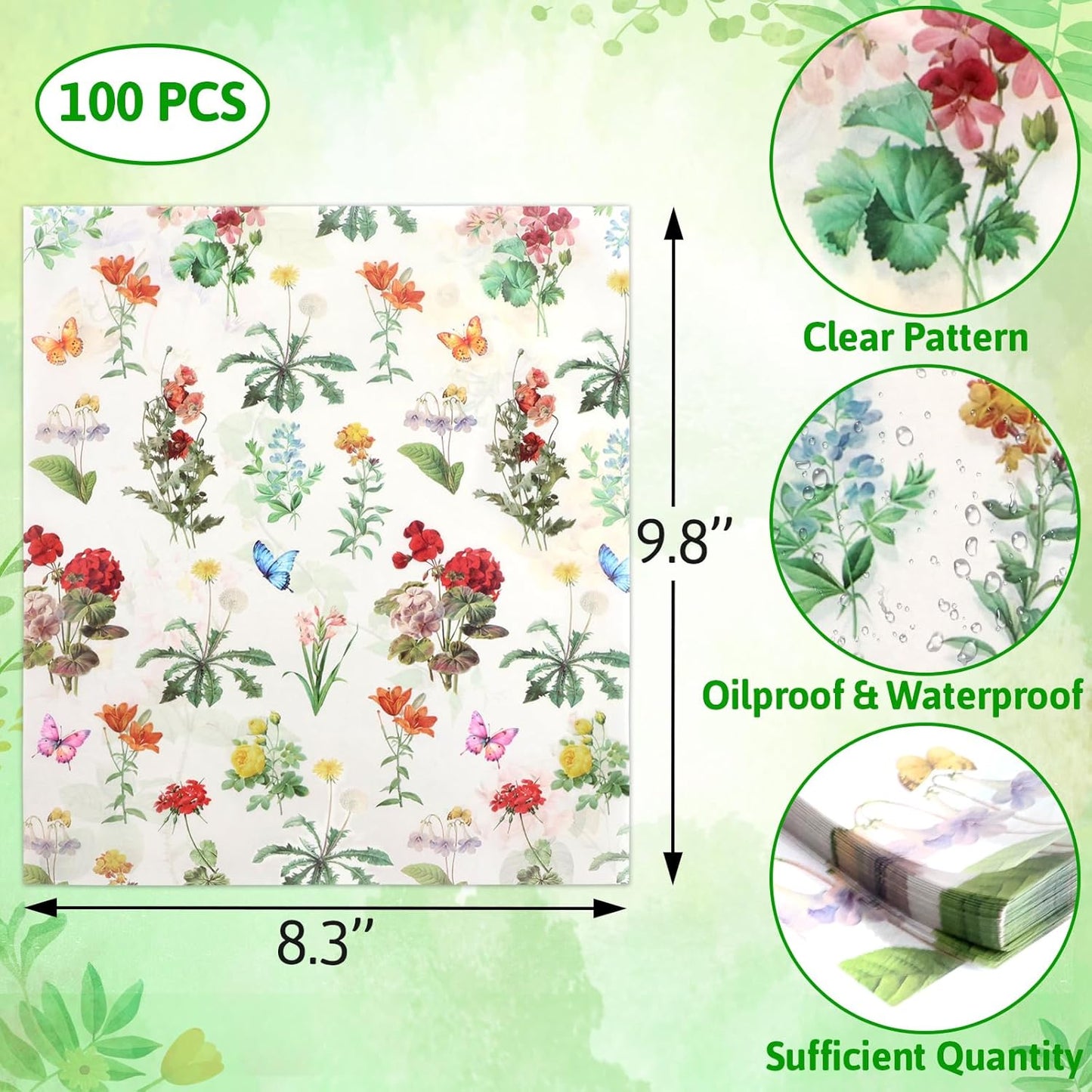 Papel de cera para alimentos con flores silvestres 100 unidades