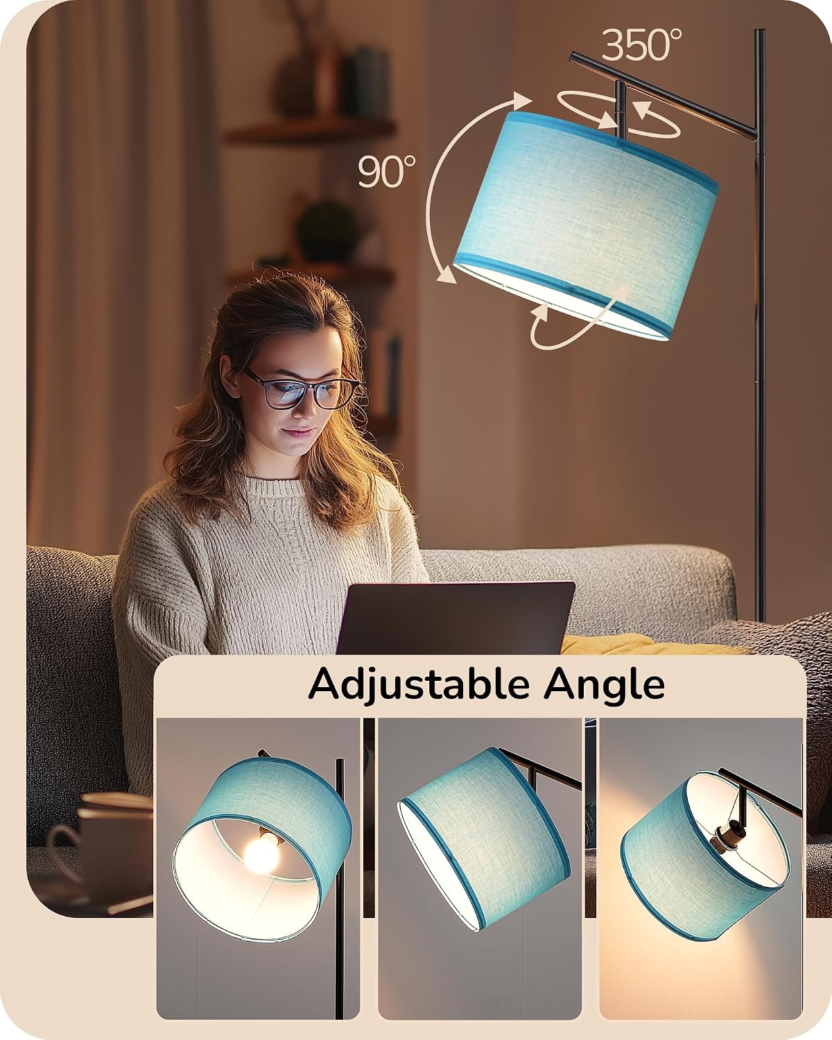 Lámpara pie sala 64.7pulg bombilla 3 temperaturas pantalla lino ajustable