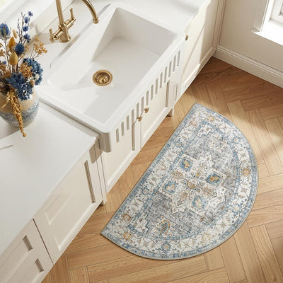 Alfombra vintage 2x3pulg antideslizante para cocina baño gris/azul