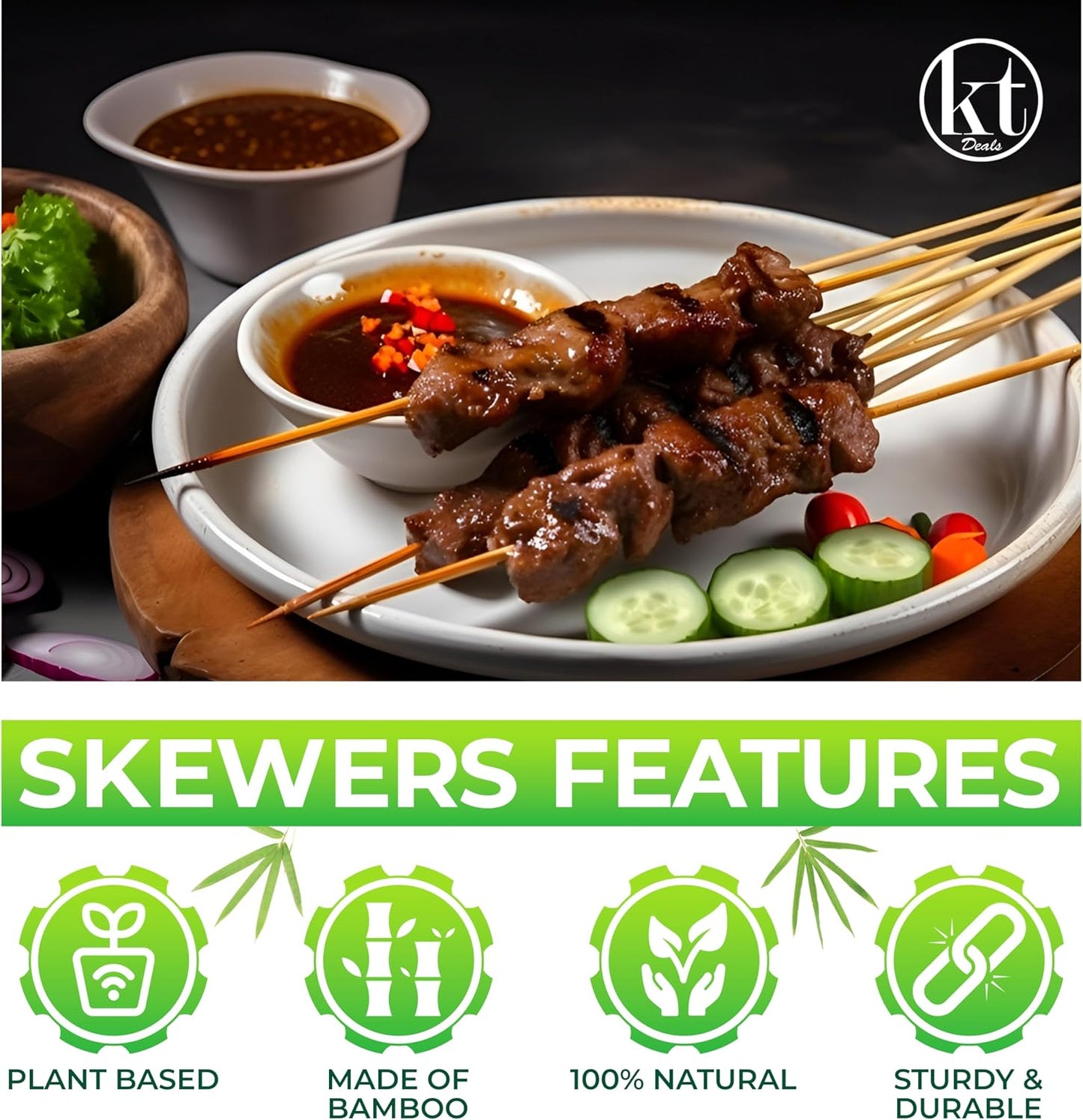 100 Palitos Bambú 16pulg para Barbacoa Kabob Aperitivos