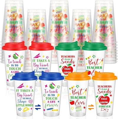 Juego de 12 vasos plásticos transparentes para profesores con tapas sin pajilla
