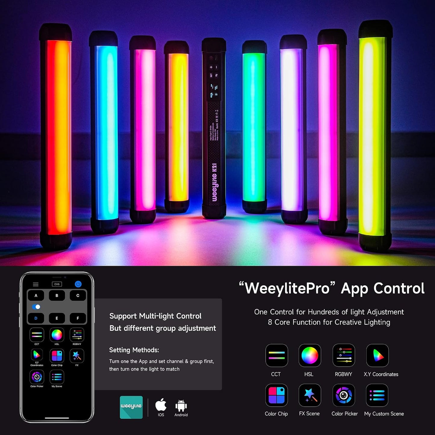2 Tubos Luz RGB Magnéticos App Carga C 3.7V Batería Recargable
