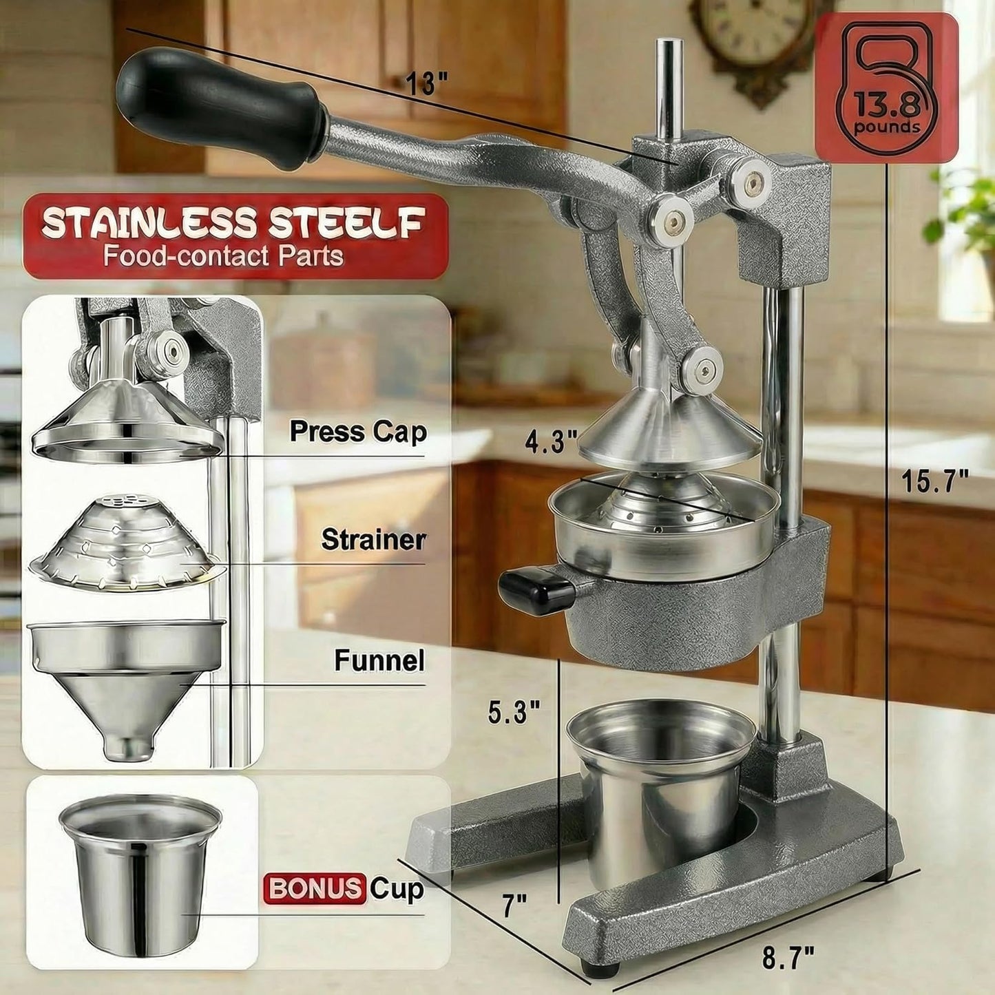 Exprimidor manual de hierro fundido con vaso y colador