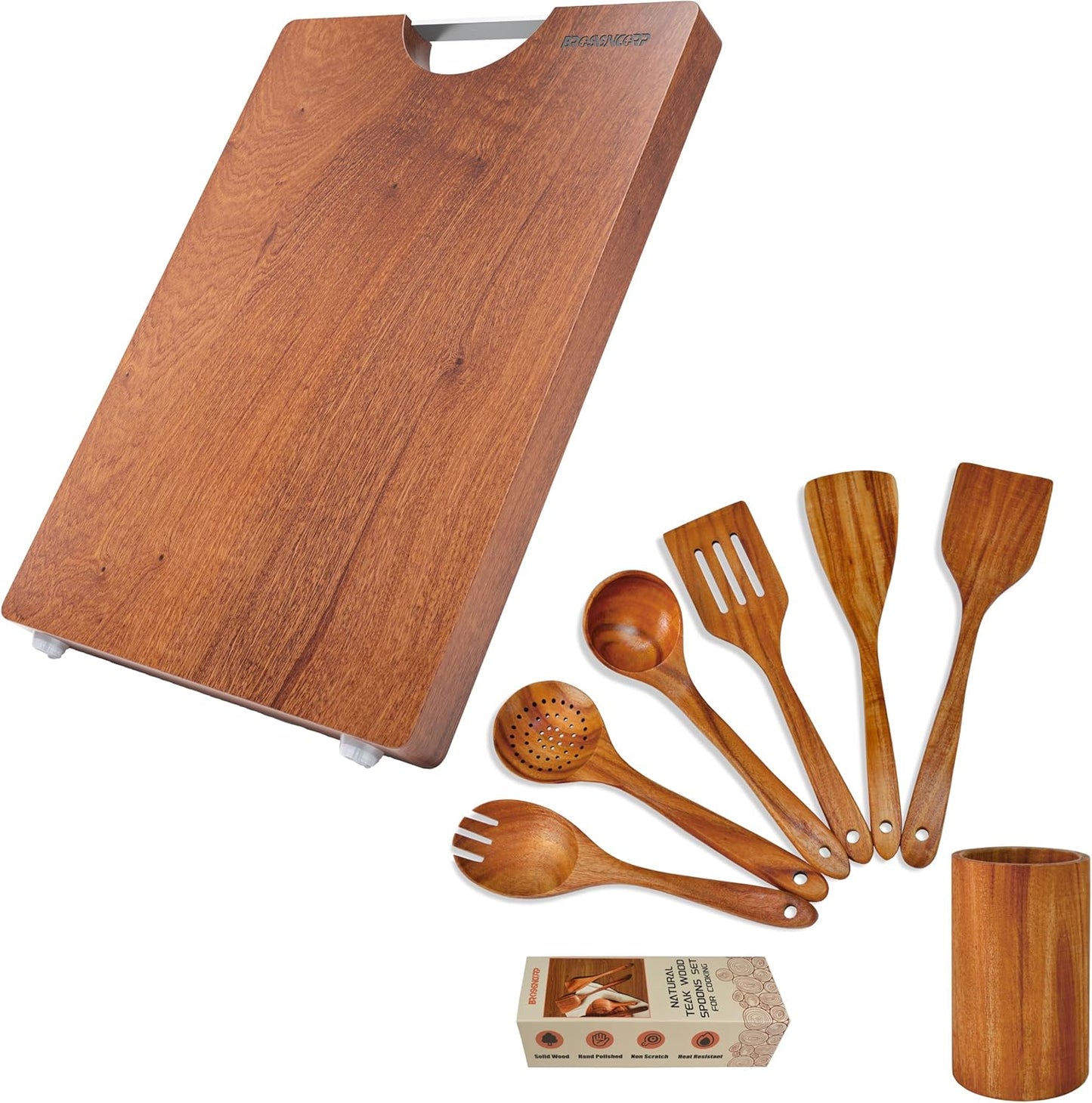 Tabla de cortar de madera maciza de sapele y teca con 7 piezas esenciales de cocina