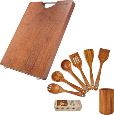 Tabla de cortar de madera maciza de sapele y teca con 7 piezas esenciales de cocina