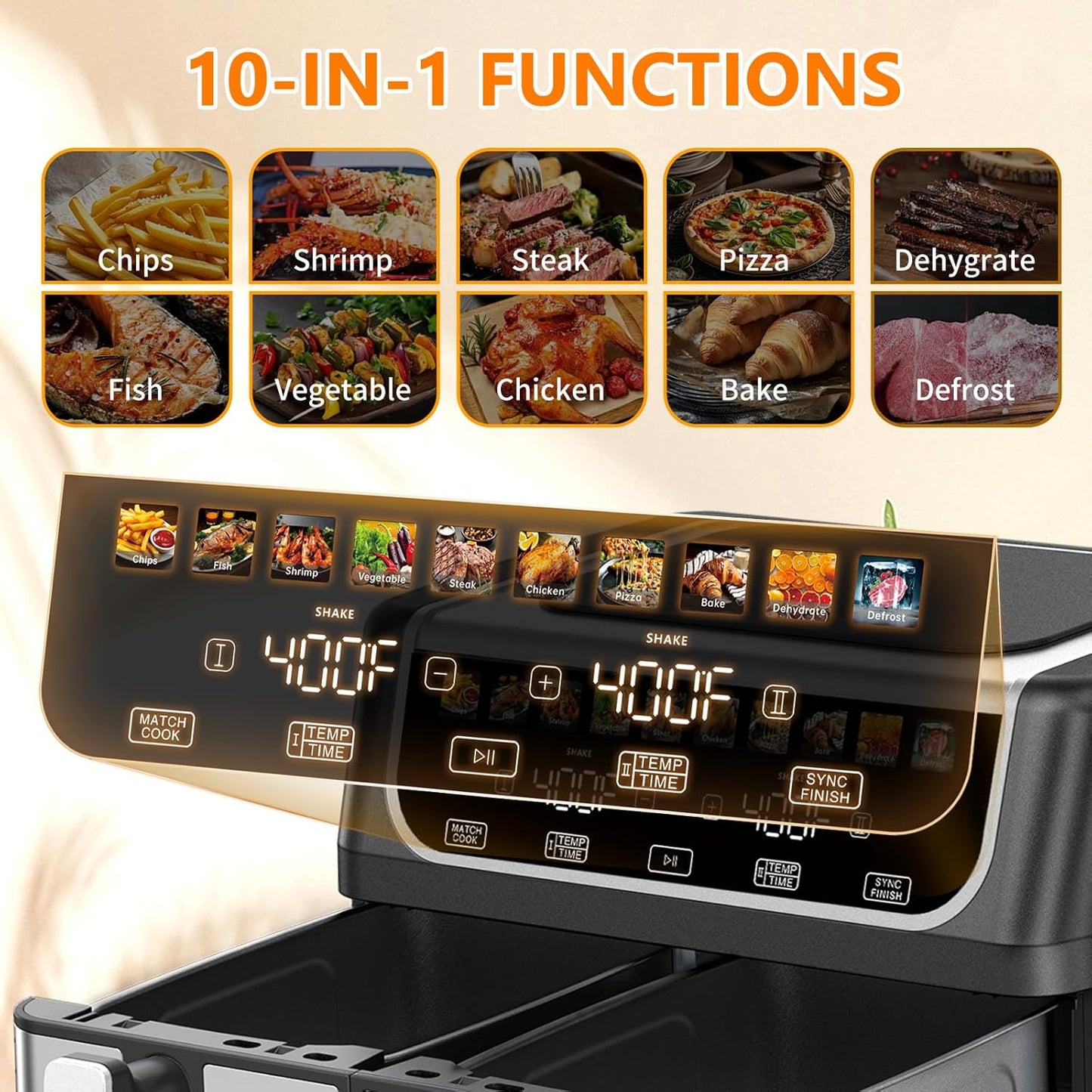 Freidora aire doble cesta 9.5qt control temp 10 ajustes