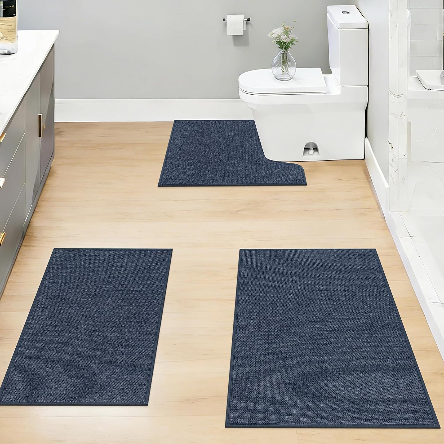 Set 3 Alfombras Baño Antiderrap Absorbentes U Forma Azul