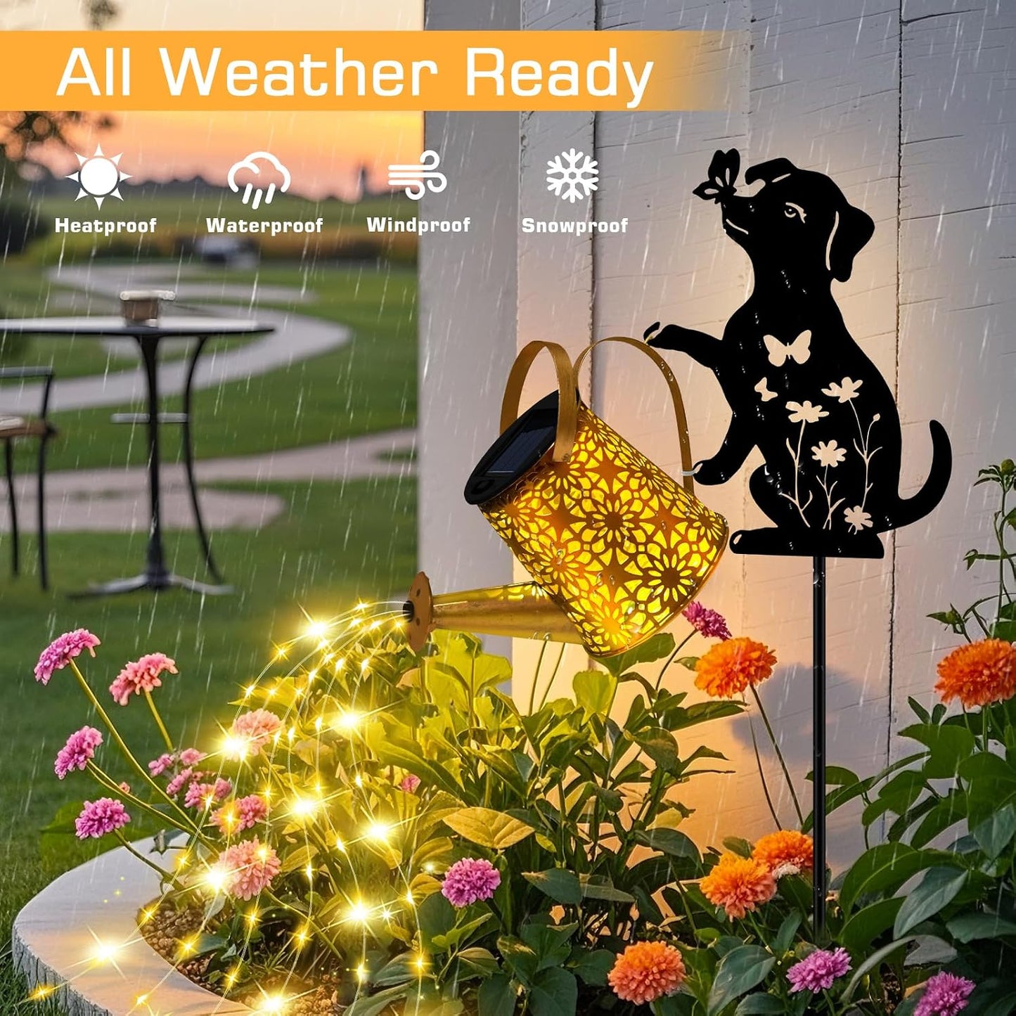 Regadera solar con luces estaca perro metal patio impermeable