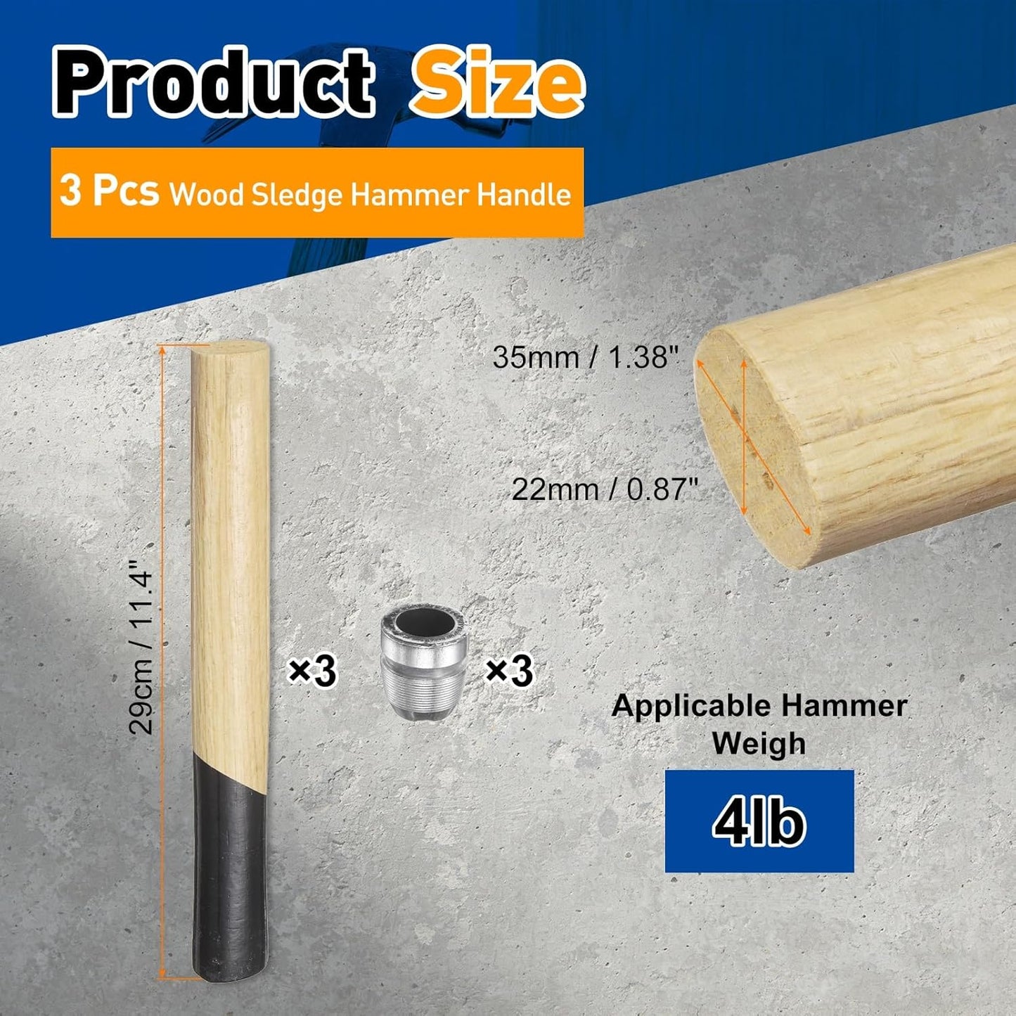 3 Pzas Mango Martillo Madera 11.4pulg Cuñas Redondas Carpintería