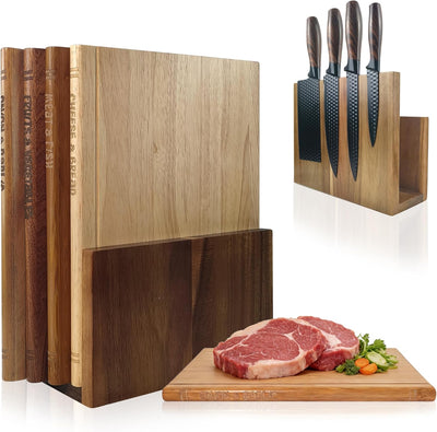 Set 4 Tablas Cortar Madera Maciza Soporte Magnético Cuchillos