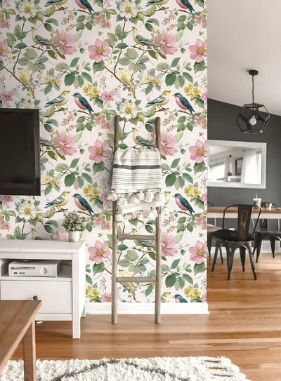 Papel Tapiz Floral Pájaros Rosa Rubor Verde Crema Botánico Vinilo