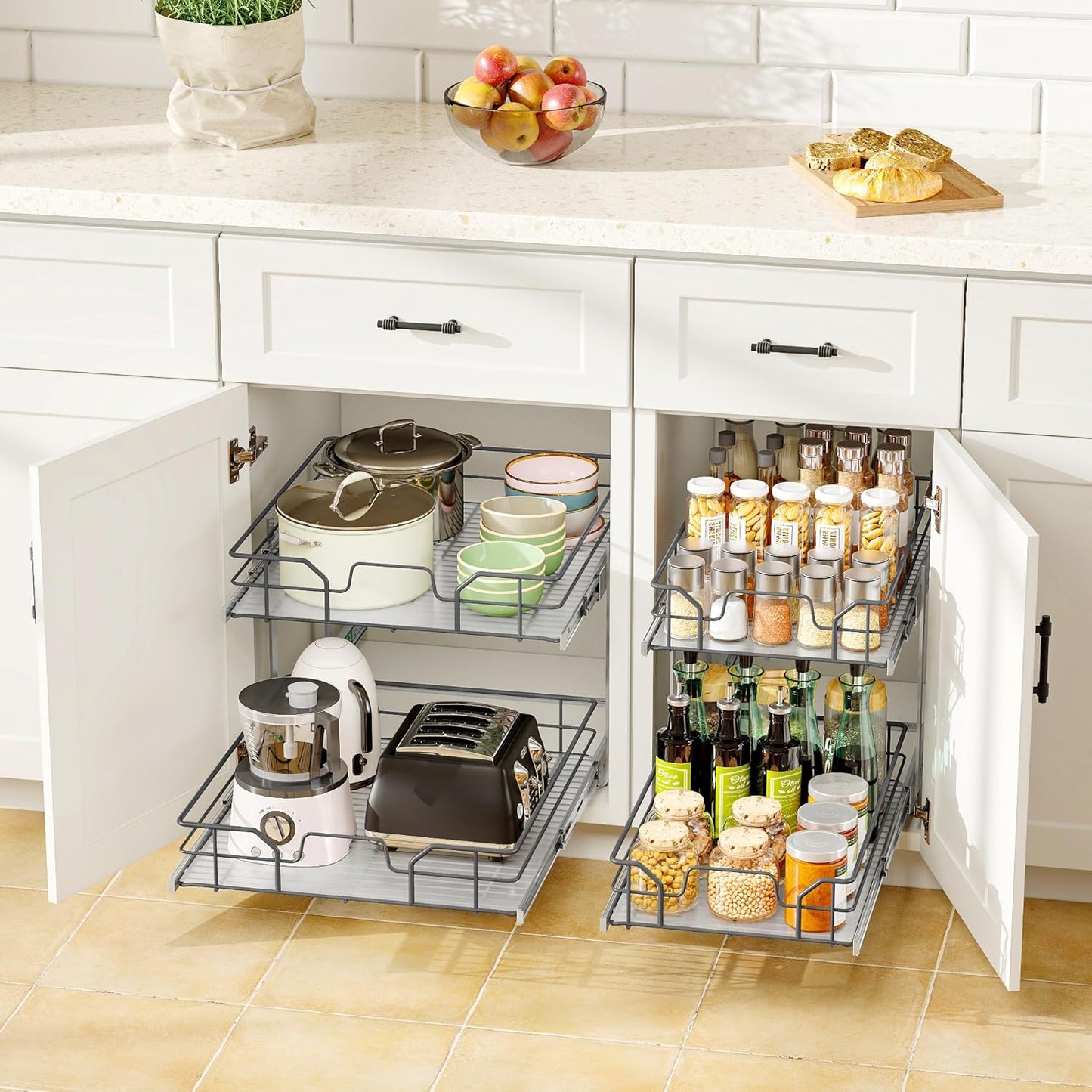 Organizador de gabinete extraíble 2 niveles estantes deslizantes suave cajones resistentes para cocina