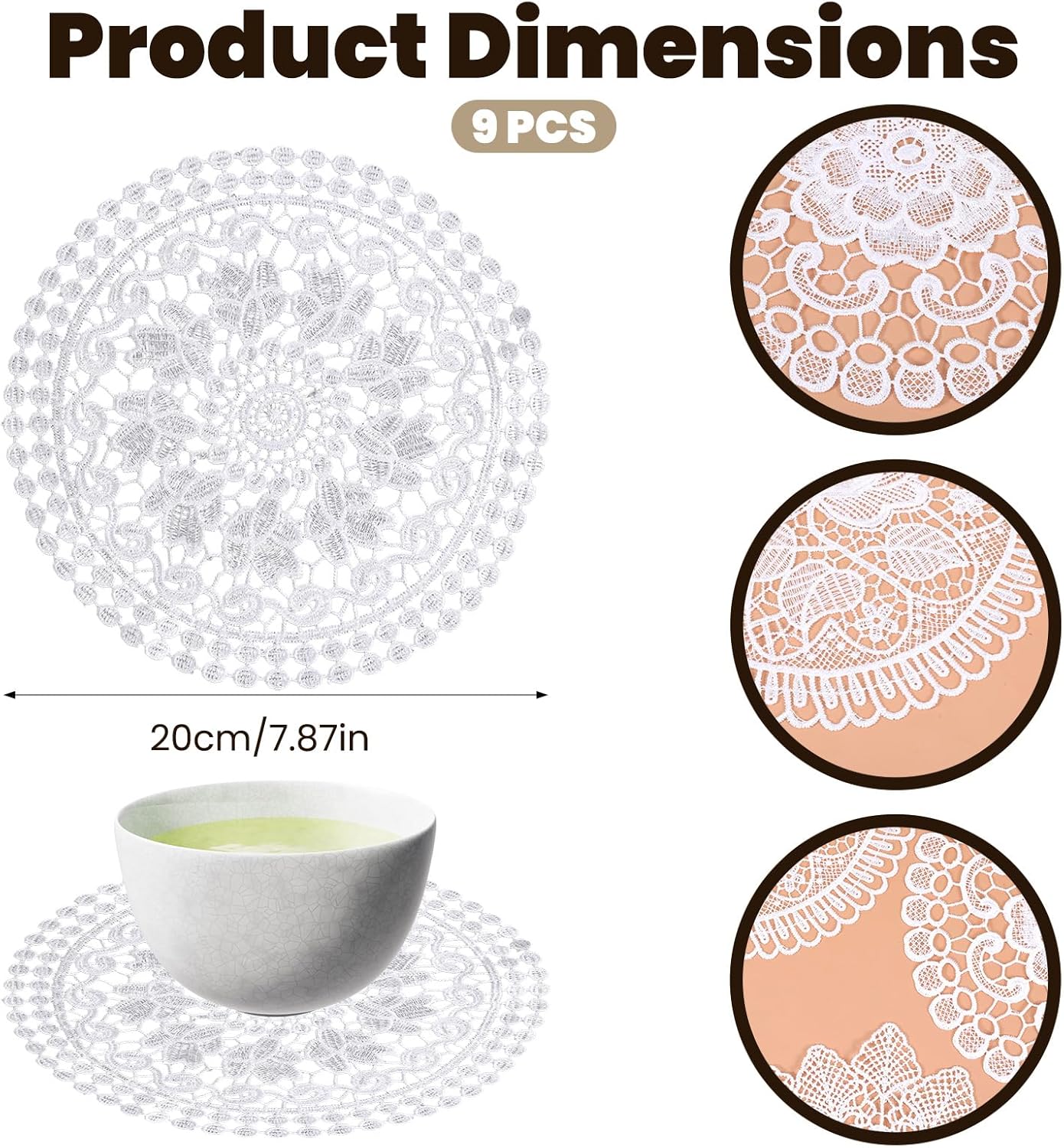 Doilies de encaje vintage para mesas, 9 piezas redondas de 7.8 pulgadas