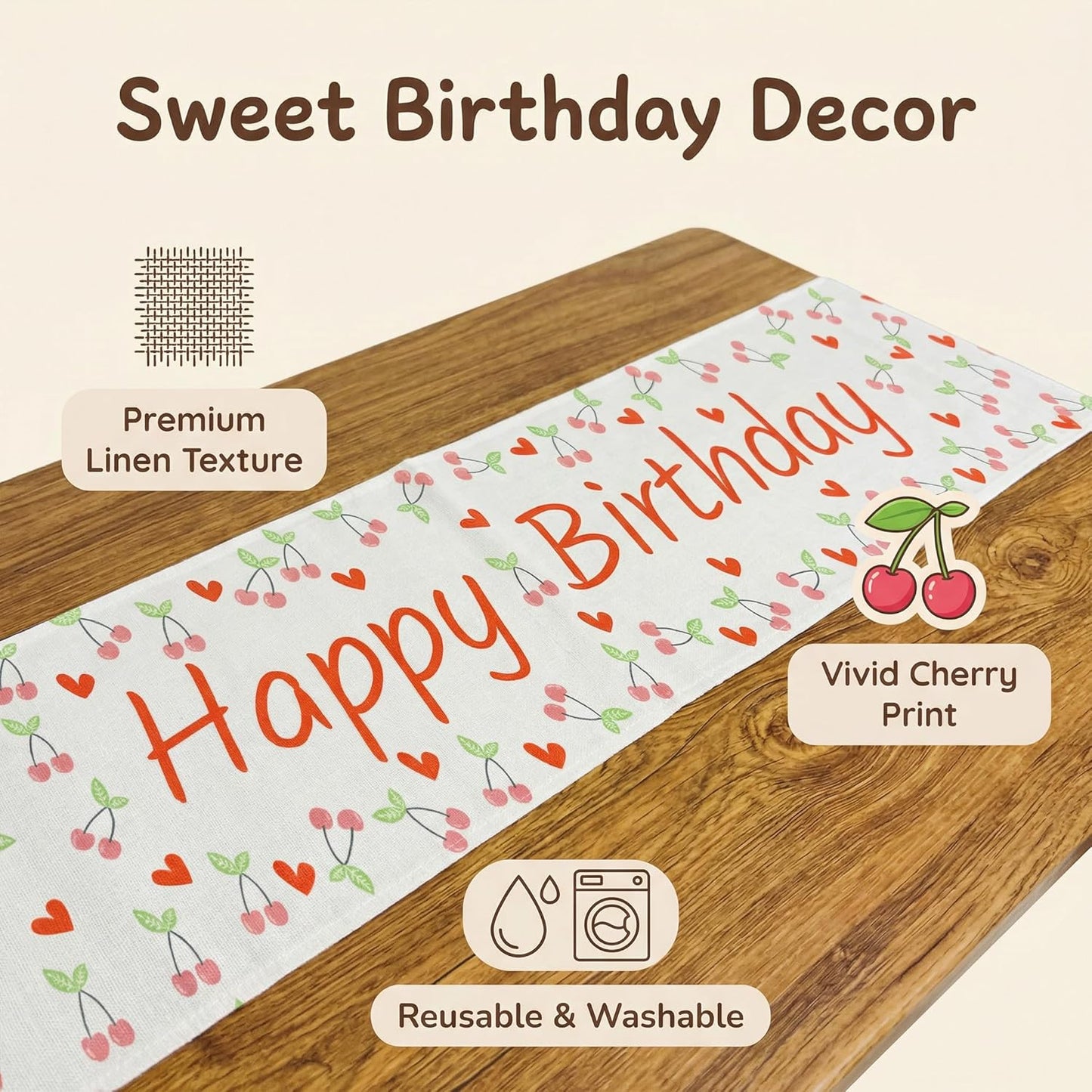 Mesa cumpleaños tela lino estampado corazón cereza reutilizable